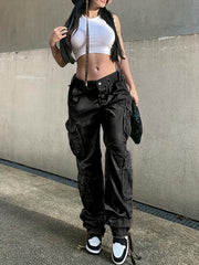 High Waist Wide Leg Baggy Y2K Cargo Pants Solid Casual Pants Women