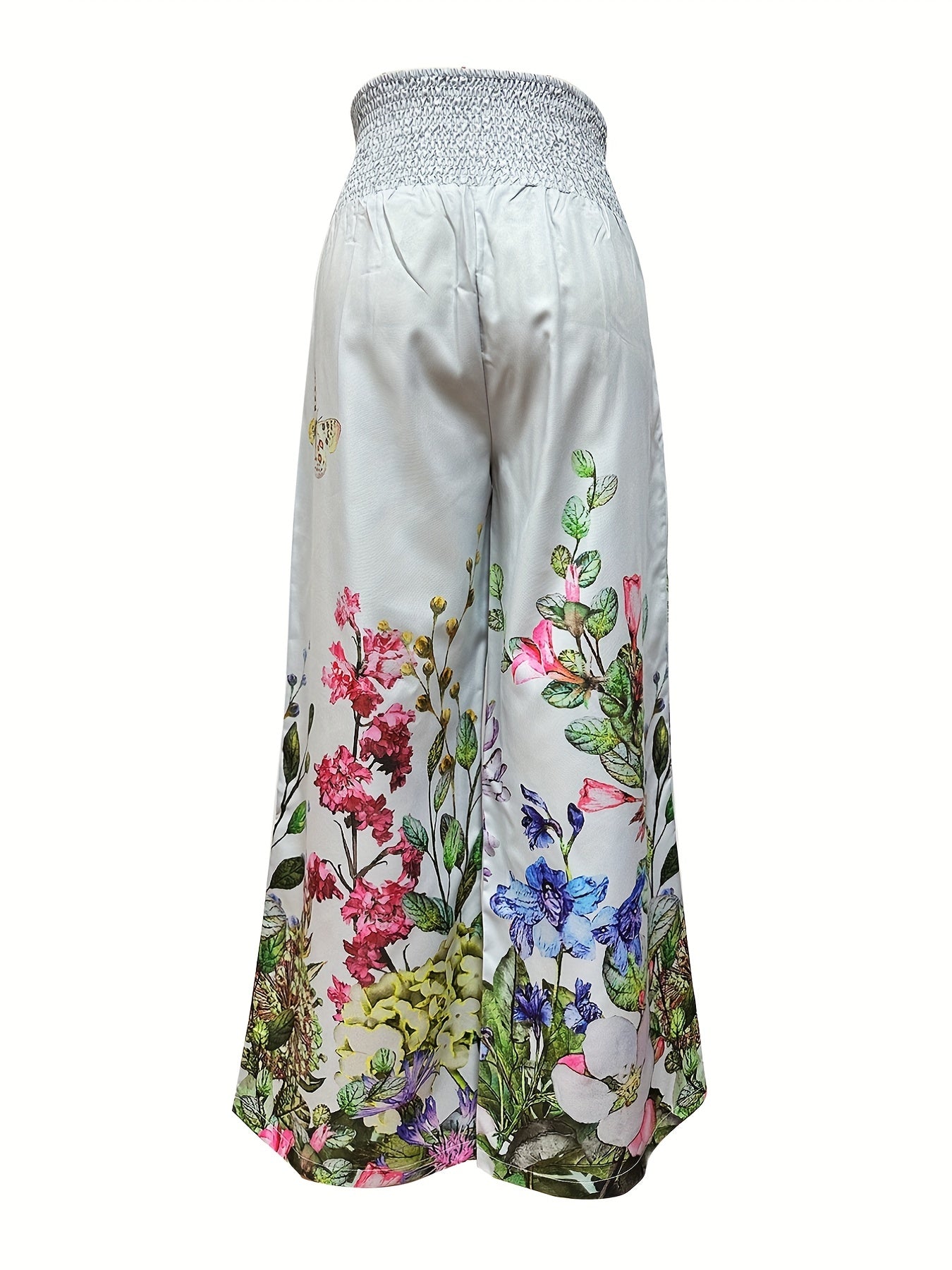 Floral Wide Leg Pants Smocked Waist Casual Women's Clothing
