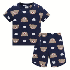Boys Bear & Heart Cotton Pajamas Set Short Sleejsones Tops & Bottoms