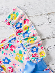 Girls Bow Floral Print Ruffle Sleeve Rompers Comfortable Casual Jumpsuit