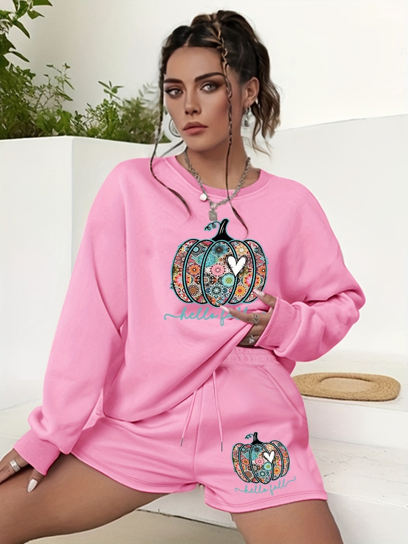 Women's Plus Pumpkin Sweatshirt & Shorts Halloween Set