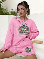 Women's Plus Pumpkin Sweatshirt & Shorts Halloween Set
