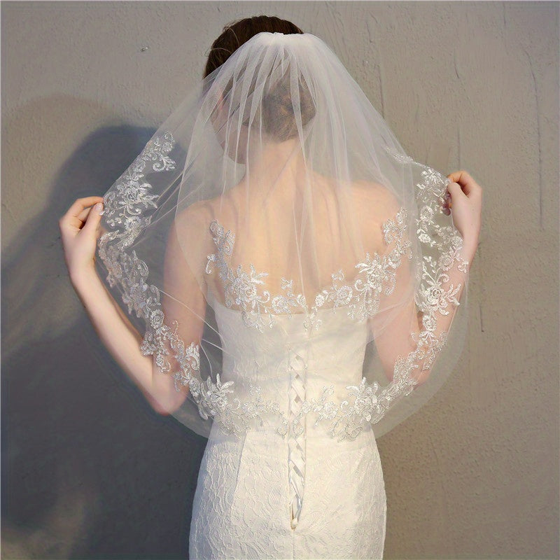 Lace Edge Floral Bridal Veil Short Veil With Comb Wedding Accessories