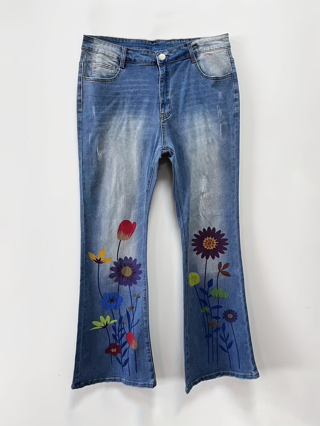 Floral Print Button Fly Flared Leg Stretch Jeans