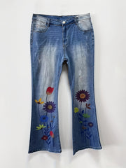 Floral Print Button Fly Flared Leg Stretch Jeans