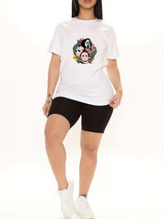 Flower Print Tee & Biker Shorts Set Women's Casual Outfit
