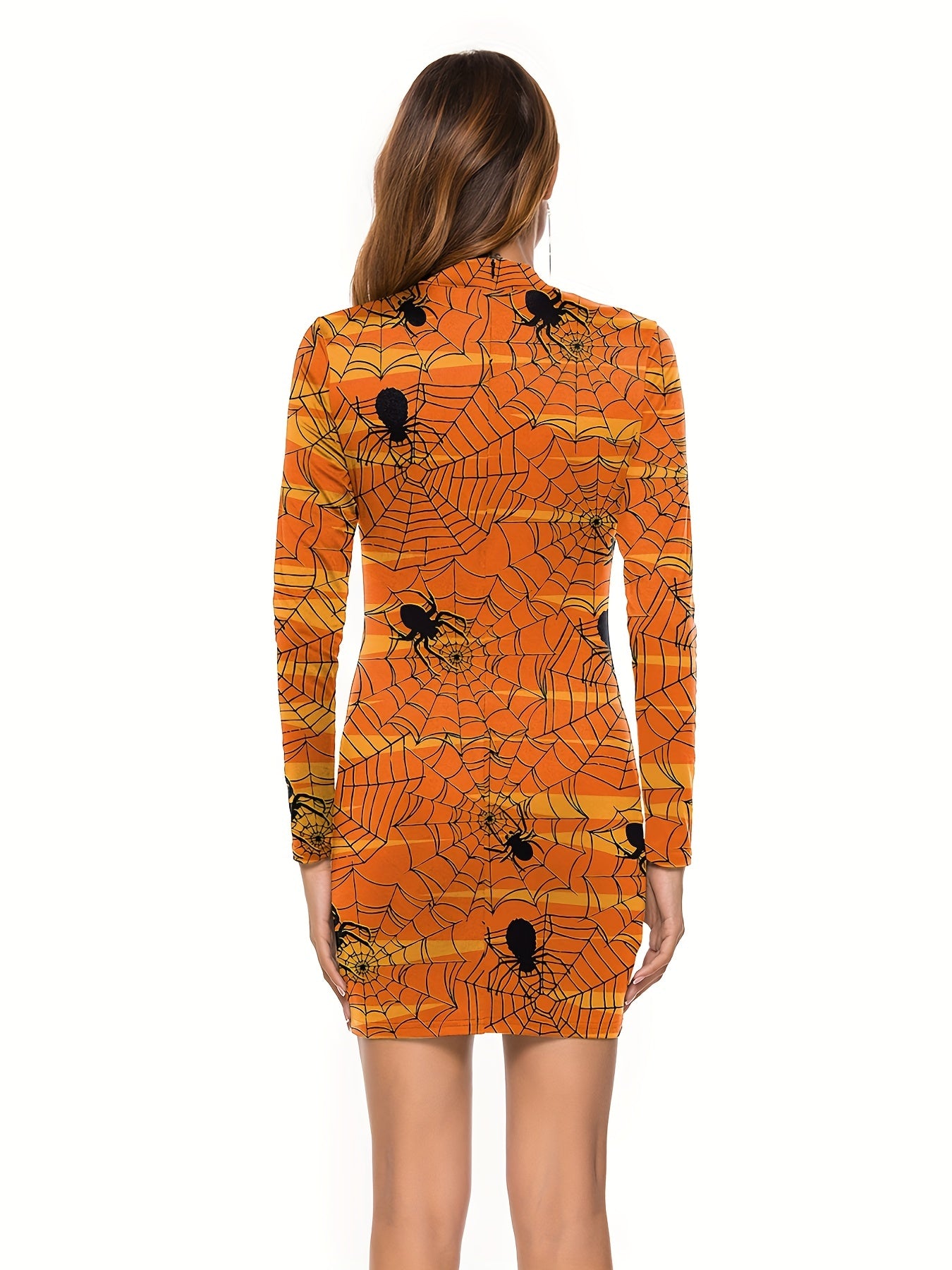 Skeleton & Floral Print Slim Dress Casual Mock Neck Dress