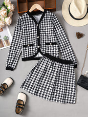 Girls V-neck Cardigan & Skirt 2pcs Houndstooth Casual Kids Clothes