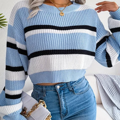 Striped Crop Sweater Long Sleeve Casual Fall Spring Women's Clothing
