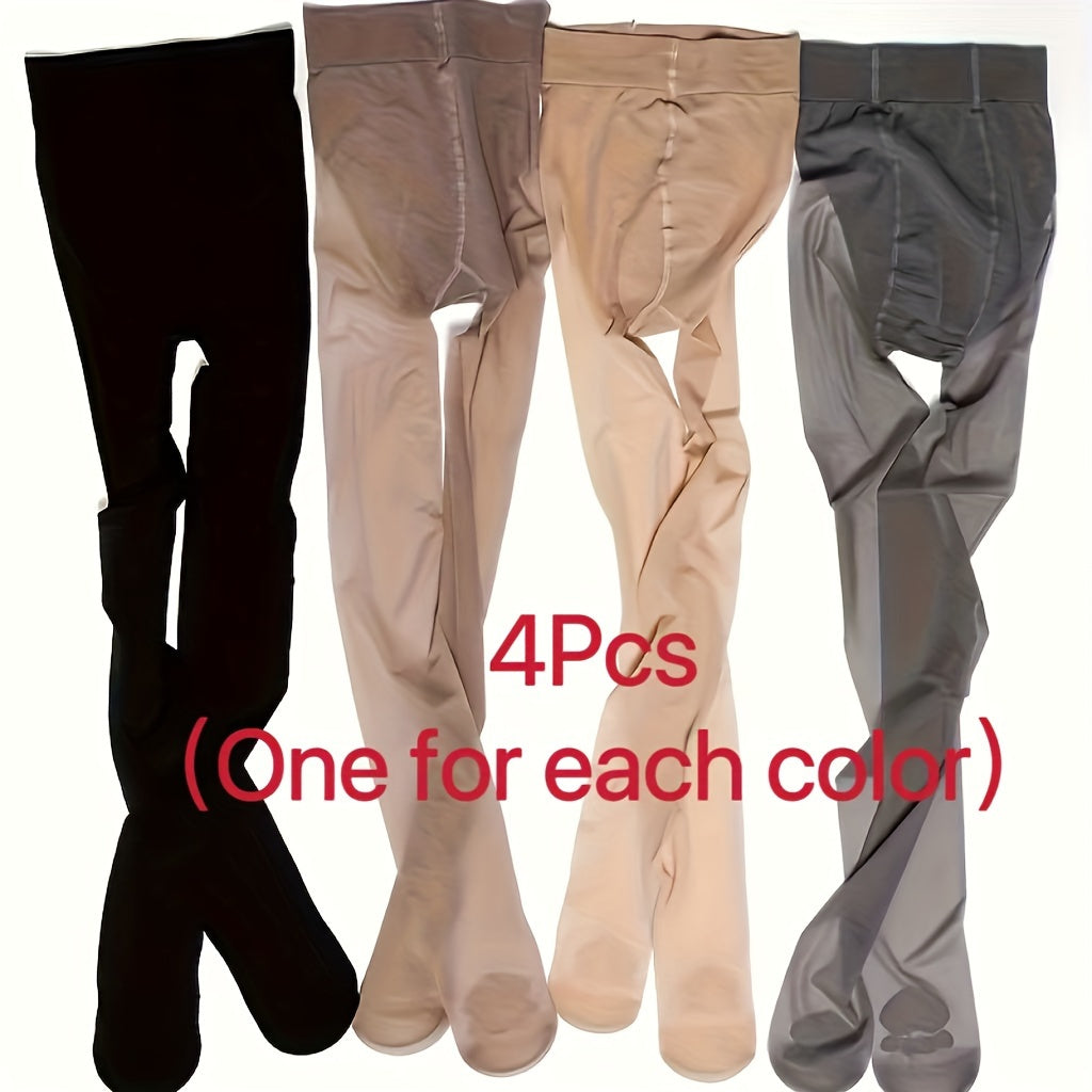 4 Pairs Plus Size Casual Pantyhose Set Women's Plus Semi Sheer Control Top