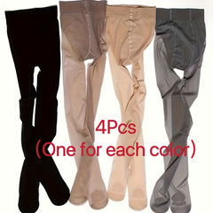 4 Pairs Plus Size Casual Pantyhose Set Women's Plus Semi Sheer Control Top