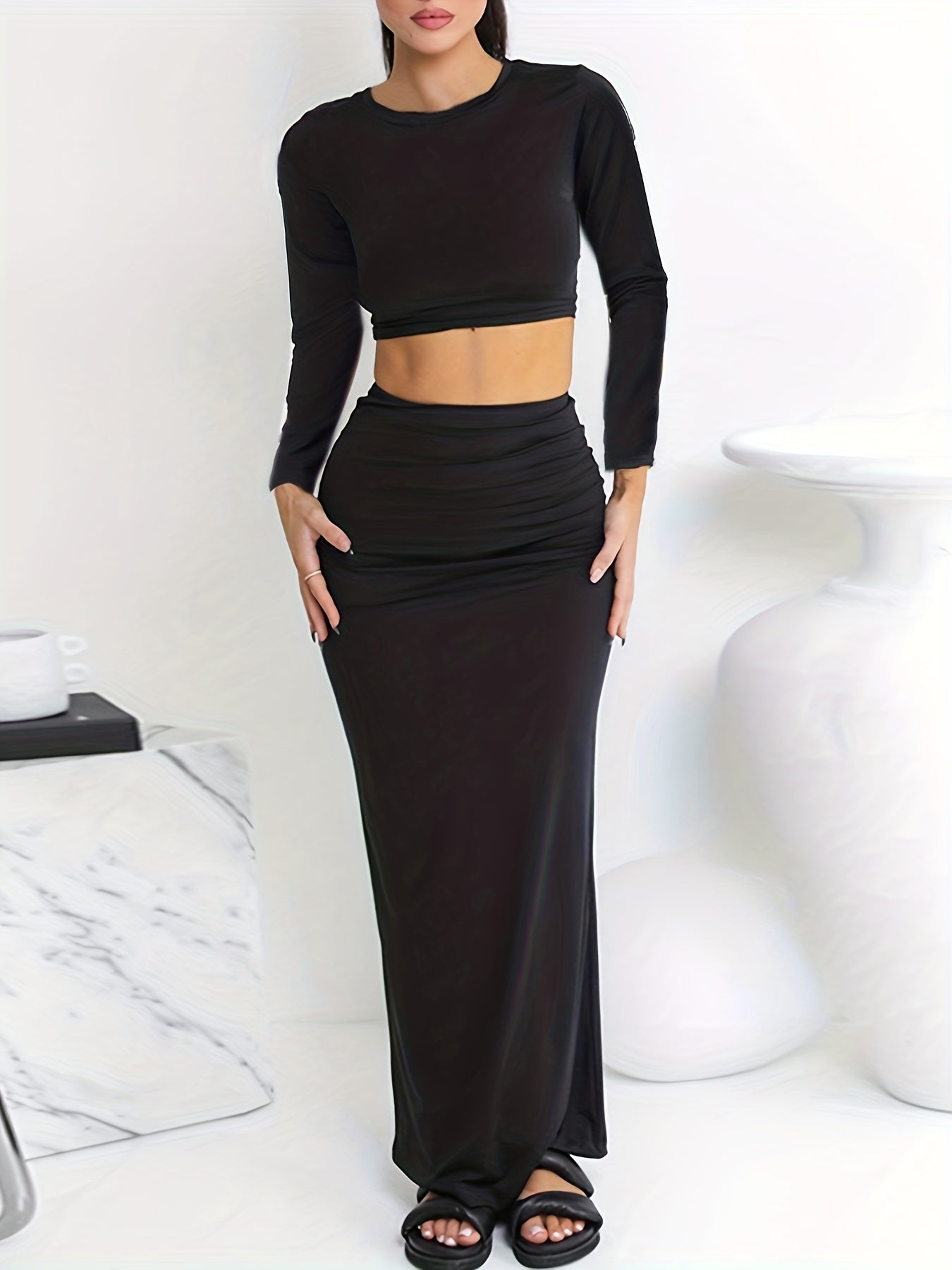 Casual Two Piece Set Crew Neck Top & Maxi Skirt Outfit Women's Clothing