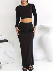 Casual Two Piece Set Crew Neck Top & Maxi Skirt Outfit Women's Clothing
