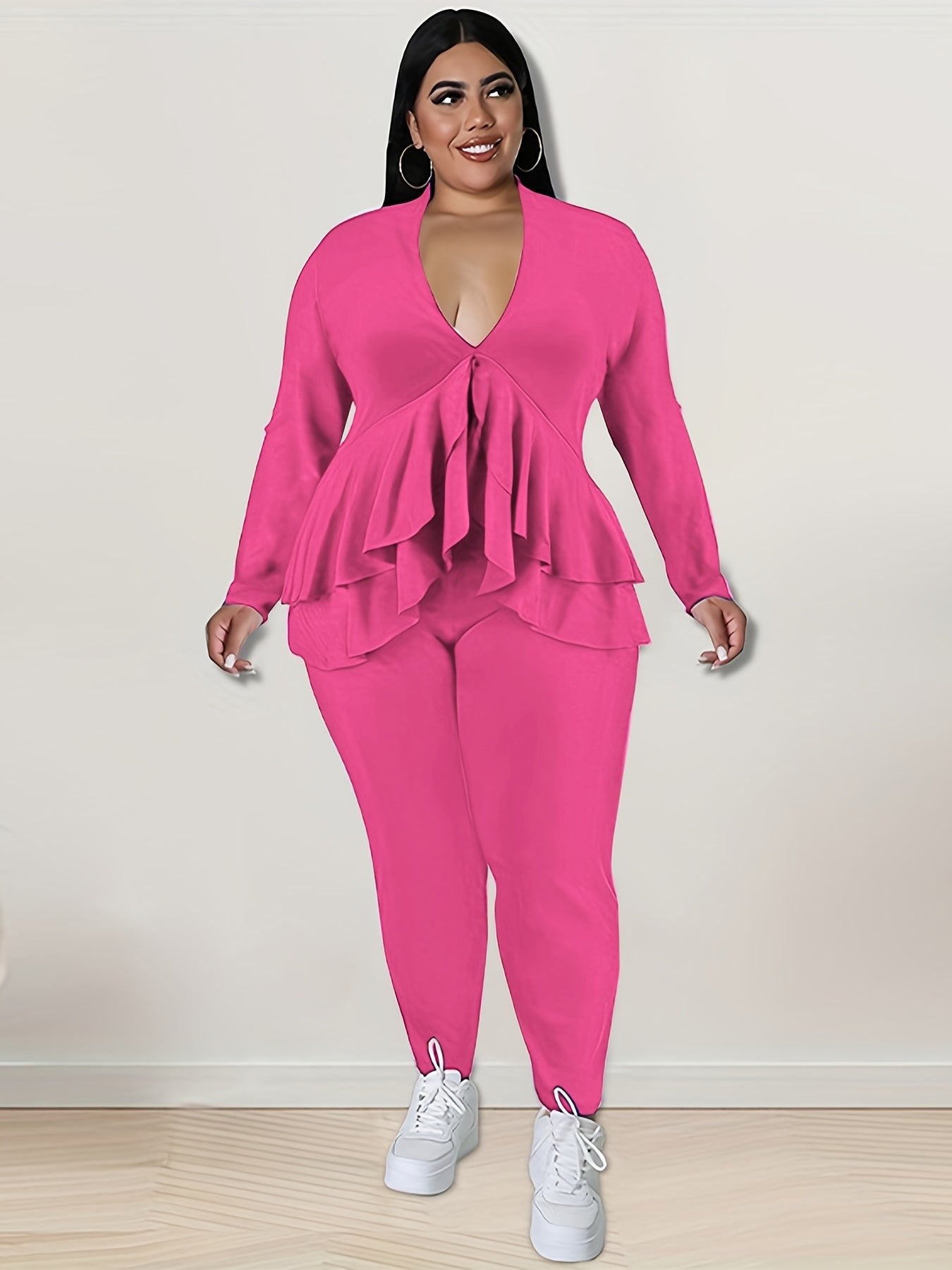 2 Piece Set Solid Long Sleeve V Neck Top & Pants Outfit