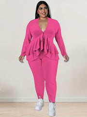 2 Piece Set Solid Long Sleeve V Neck Top & Pants Outfit