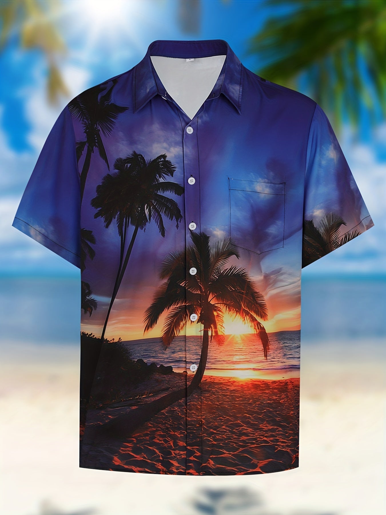 Coconut Tree & Moon Print Men's Casual Short Sleeve Shirt