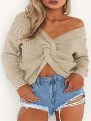 Casual Sweater Women's Plus Solid Twist Front V Neck Jumper