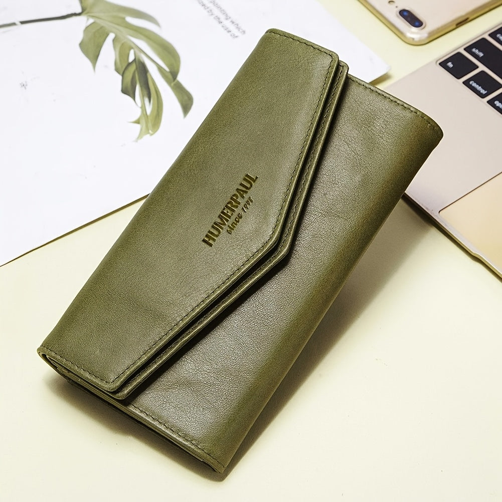 Women's Vintage Envelope Wallet Top Grain Leather Snap Closure Zip Pocket