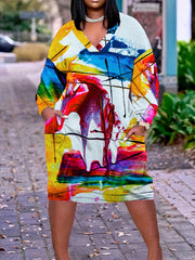 Women's Plus Colorblock Print Long Sleeve V Neck Dress With Pockets
