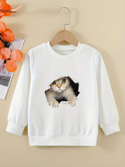 Cute Kitty Graphic Sweatshirt for Girls Round Neck Casual Pullover Tops