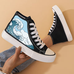 Women's High Top Canvas Skate Shoes with Wave Graphic