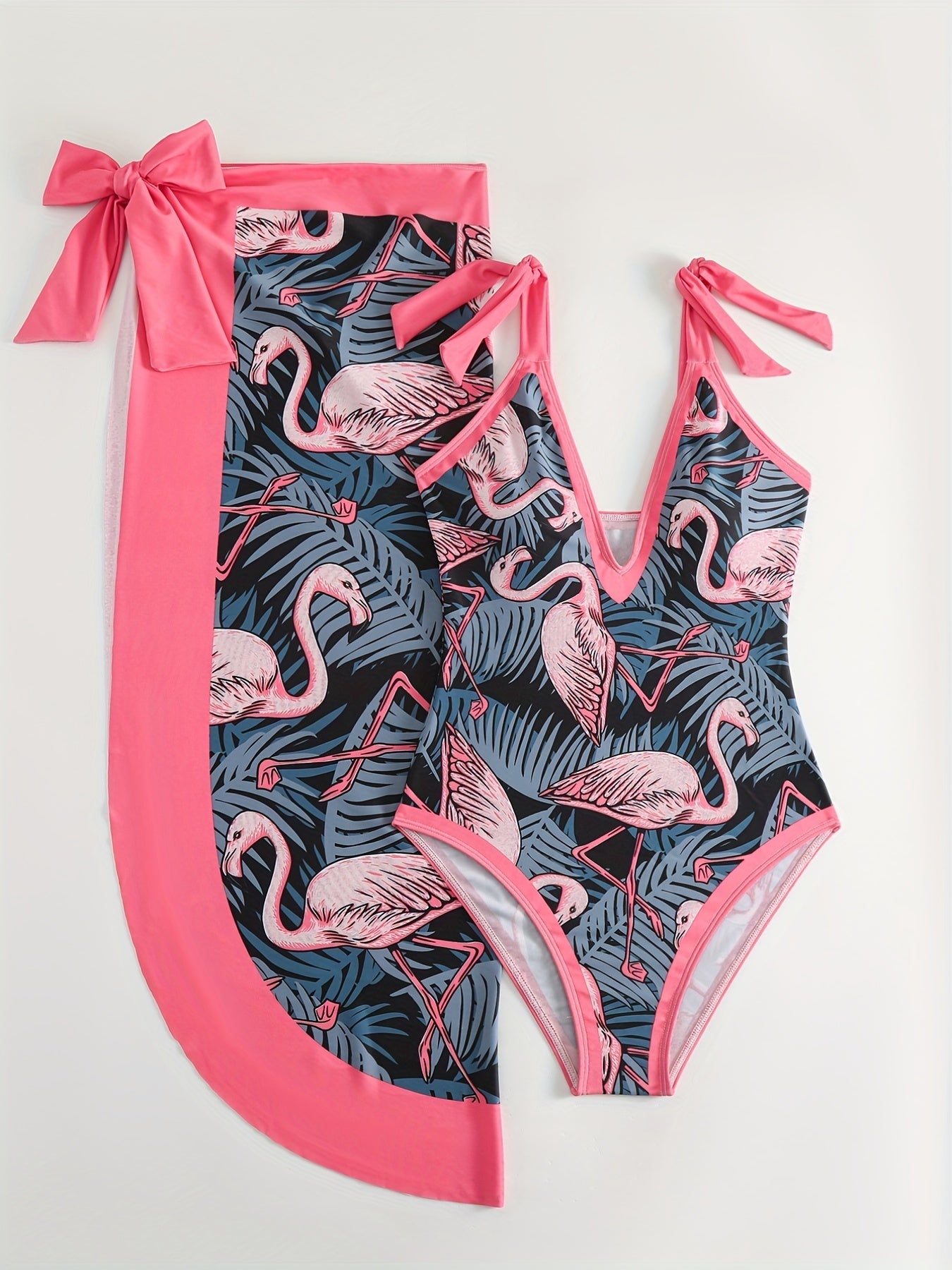 Flamingo Leaf Print One Piece Swimsuit with Cover Up Set