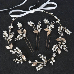 Girl's Pearl Leaf Hairband Golden Hairpin Set Bridal Headwear Hair Accessories