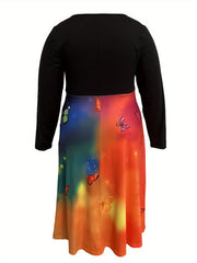 Colorblock Ombre & Butterfly Print Long Sleeve Dress