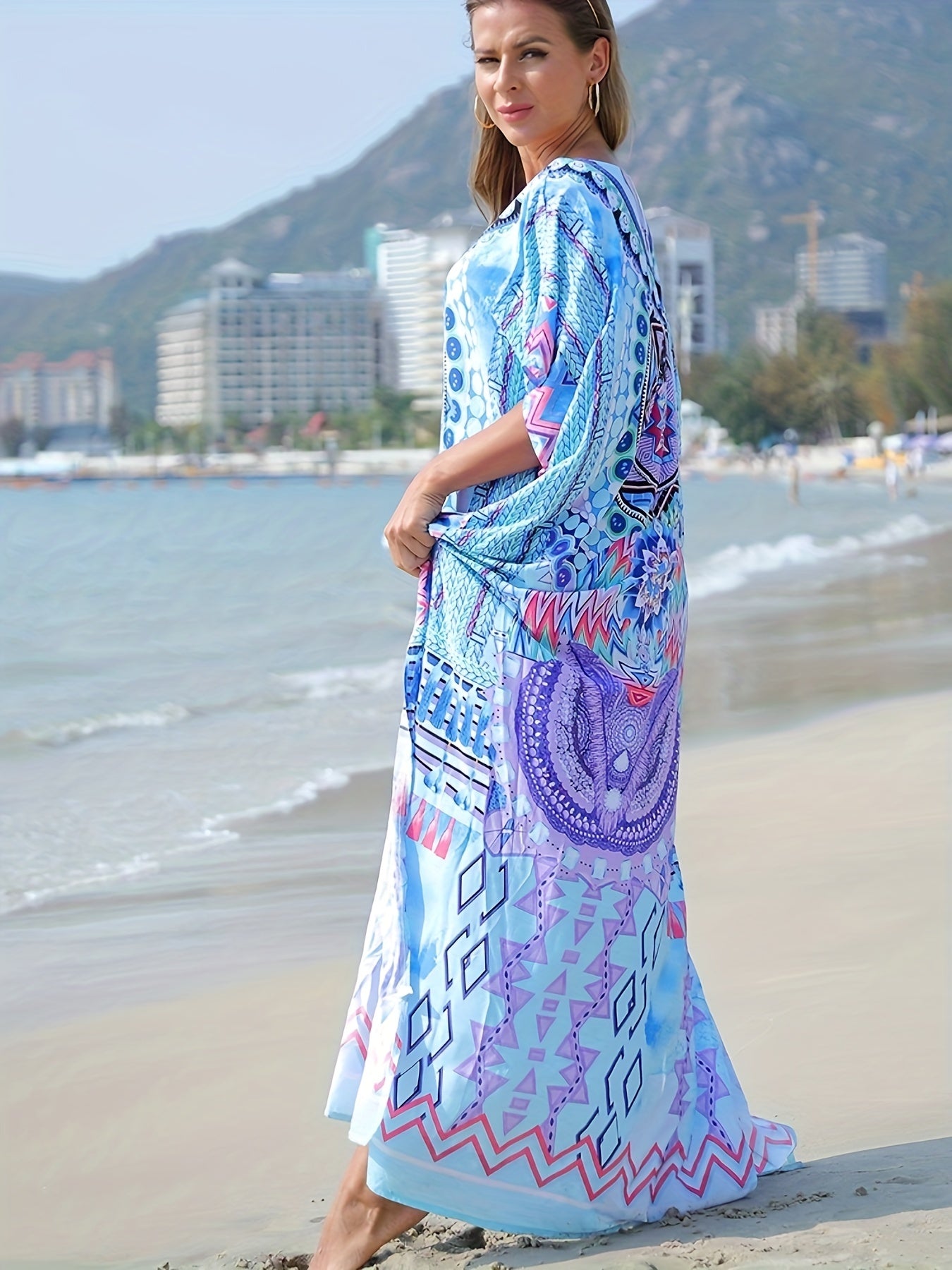 Boho Cover Up Women's Plus Geo Print Kaftan