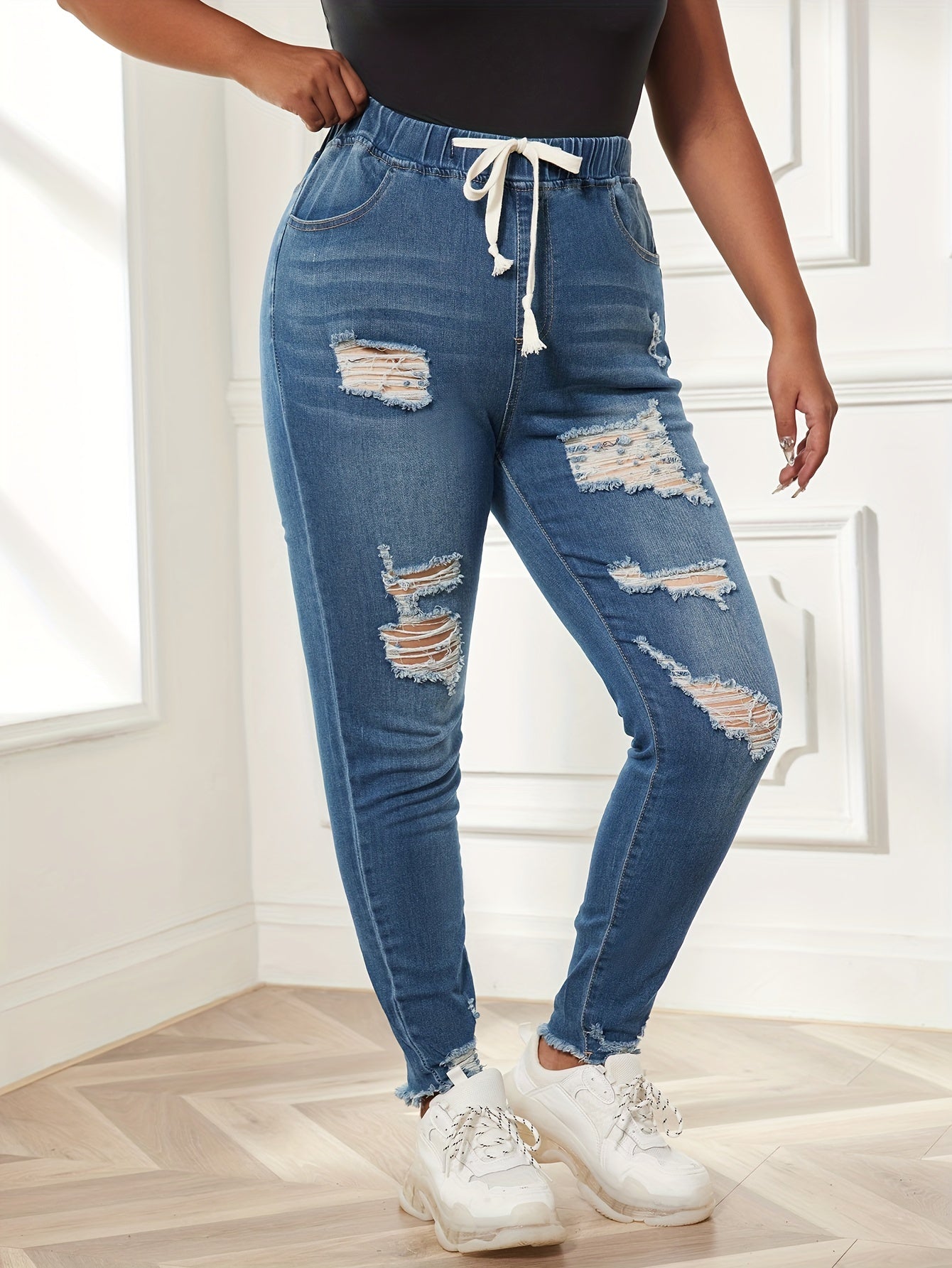 Ripped Tie Elastic Waist High Stretch Skinny Denim Pants