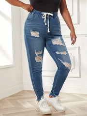 Ripped Tie Elastic Waist High Stretch Skinny Denim Pants