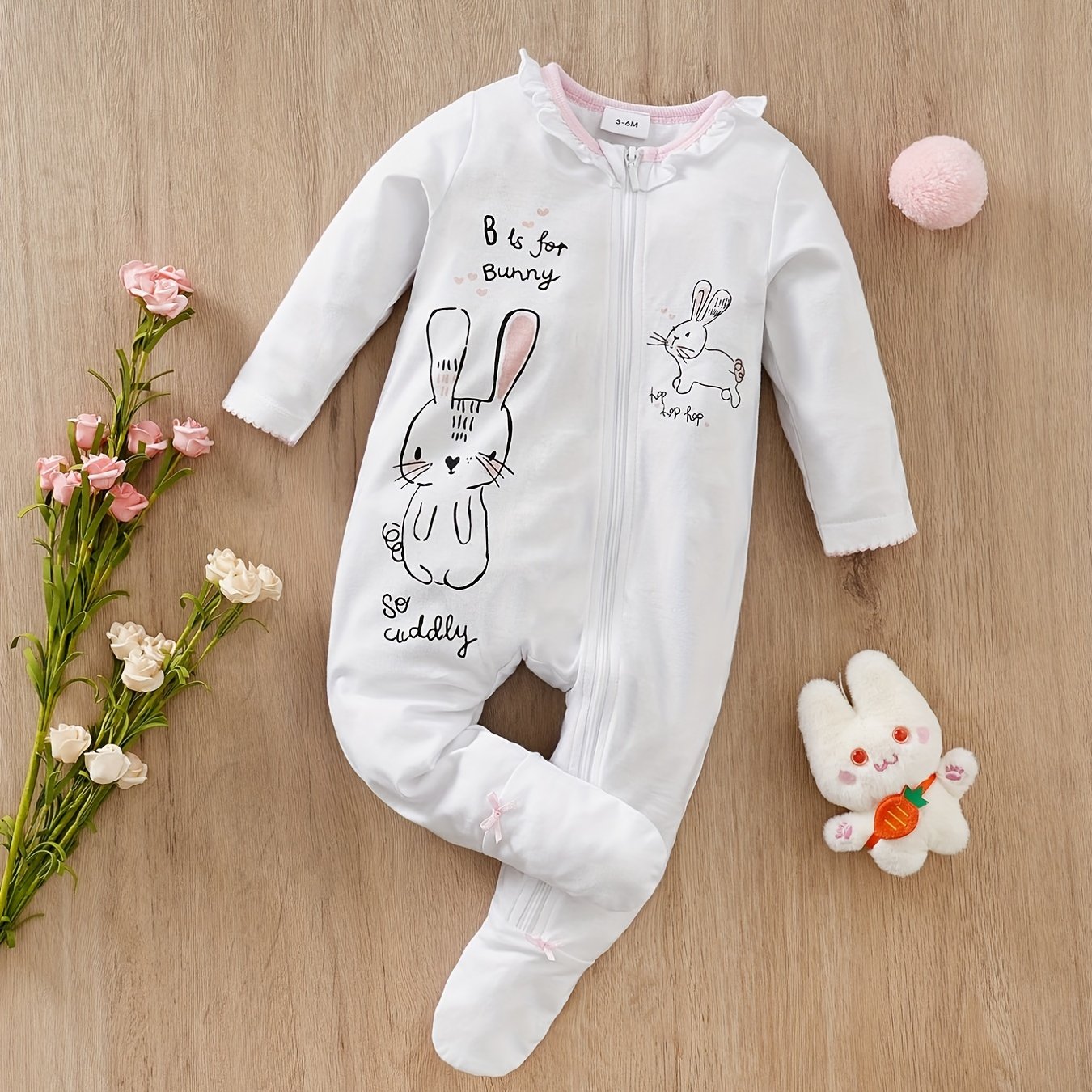 Baby Girls Bunny Zipper Cotton Long Sleeve Romper Jumpsuit