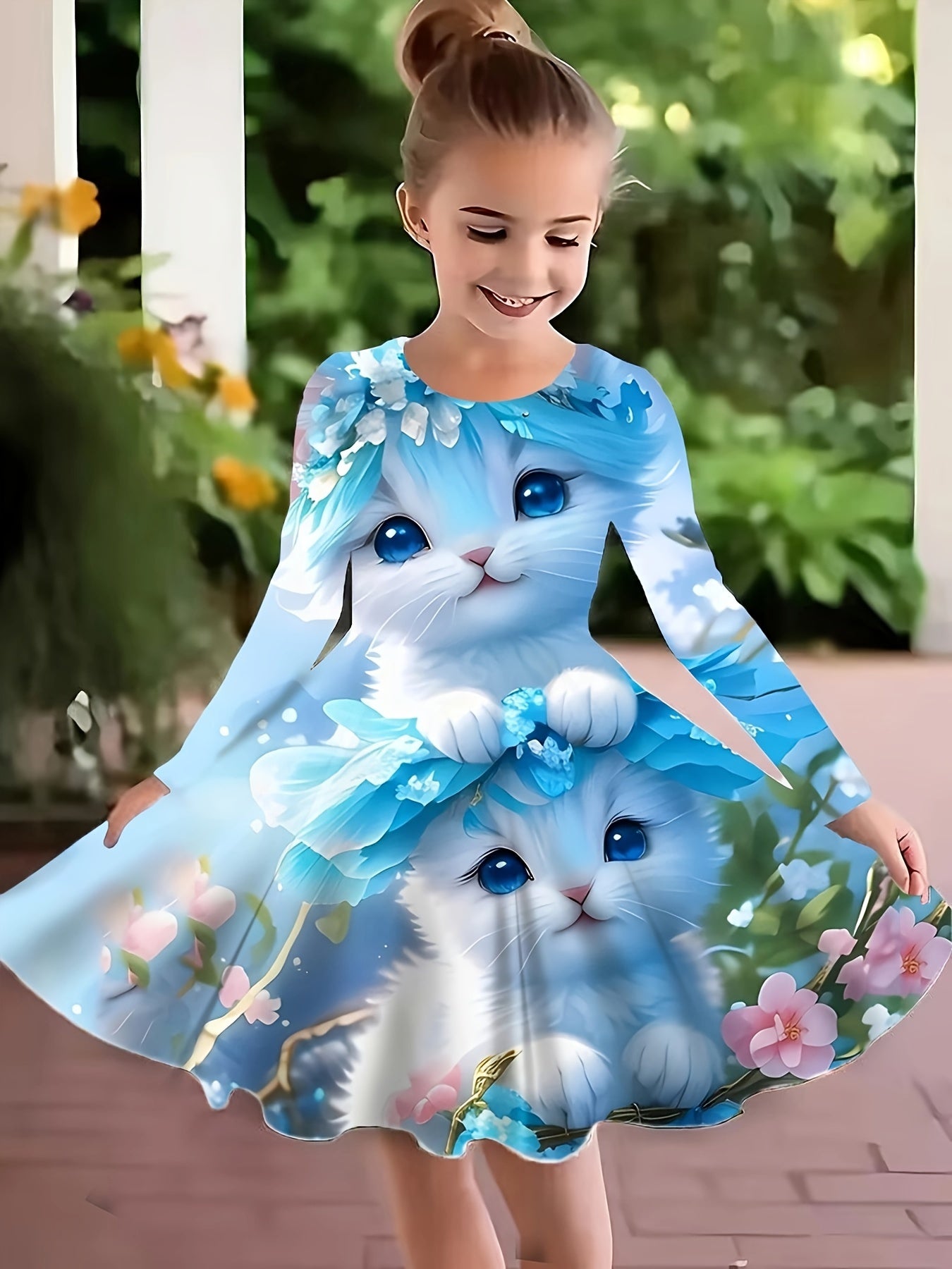Girls Kitty Graphic Crew Neck Long Sleeve Dress Spring Fall Party Gift