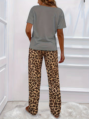 Heart Print Pajama Set Short Sleeve Crew Neck Top & Leopard Pants
