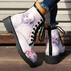Skull & Rose Print Equestrian Boots Comfortable Medium Top Outdoor Boots