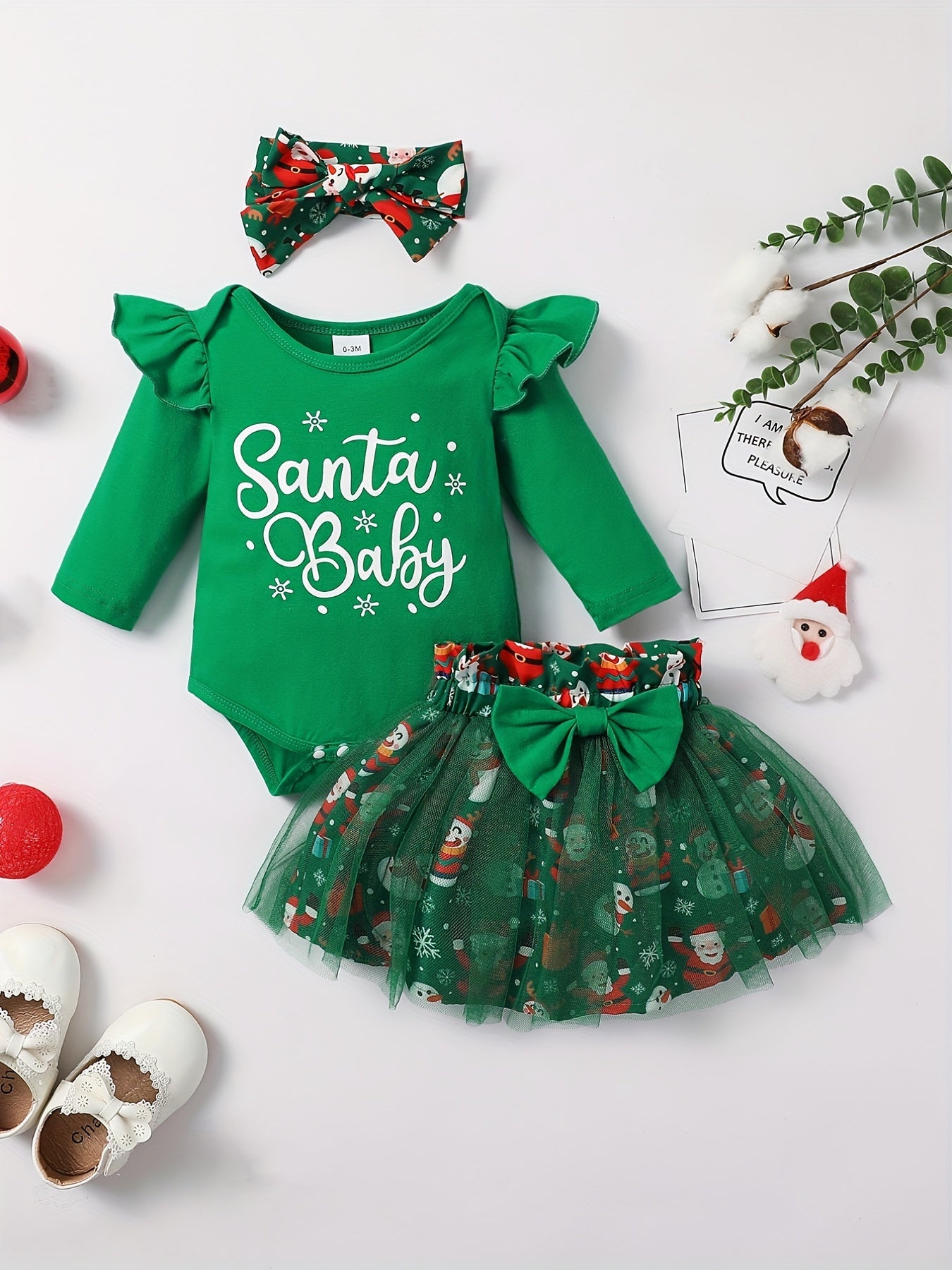 Baby Girls Christmas Outfit Long Sleeve Romper & Snowman Tulle Dress Set