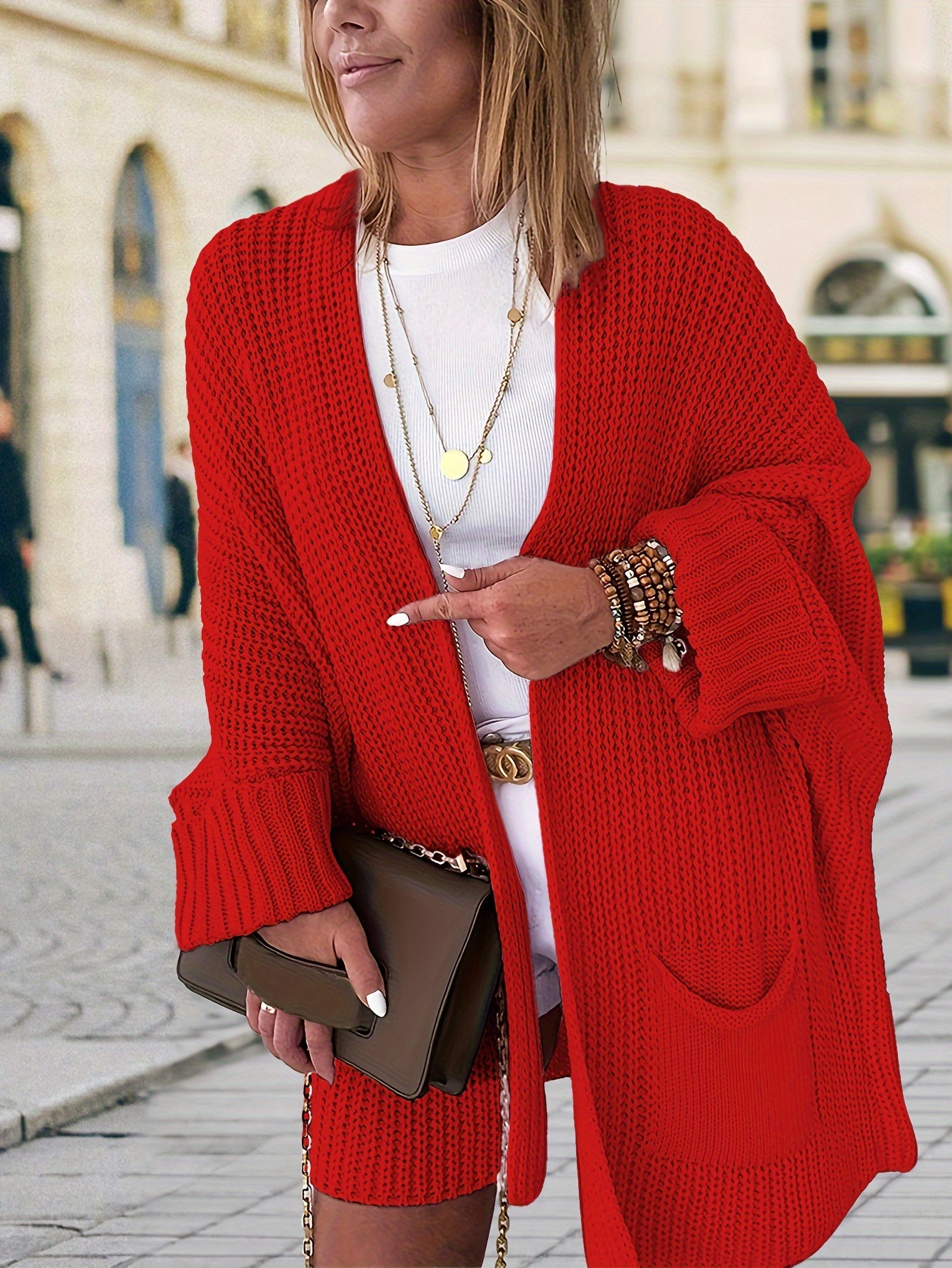 Solid Long Sleeve Open Front Cardigan With Pockets