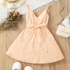 Girls Striped V-Neck Dress With Belt