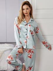 Floral Satin Pajama Set Long Sleeve Top & Pants