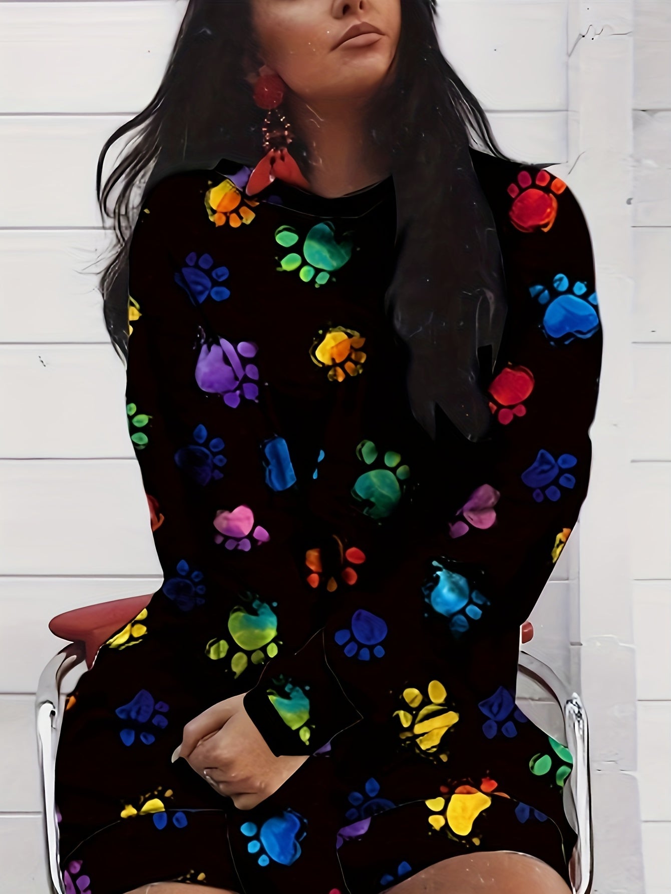 Colorful Dog Paw Print Long Sleeve Round Neck Dress