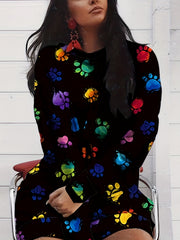 Colorful Dog Paw Print Long Sleeve Round Neck Dress