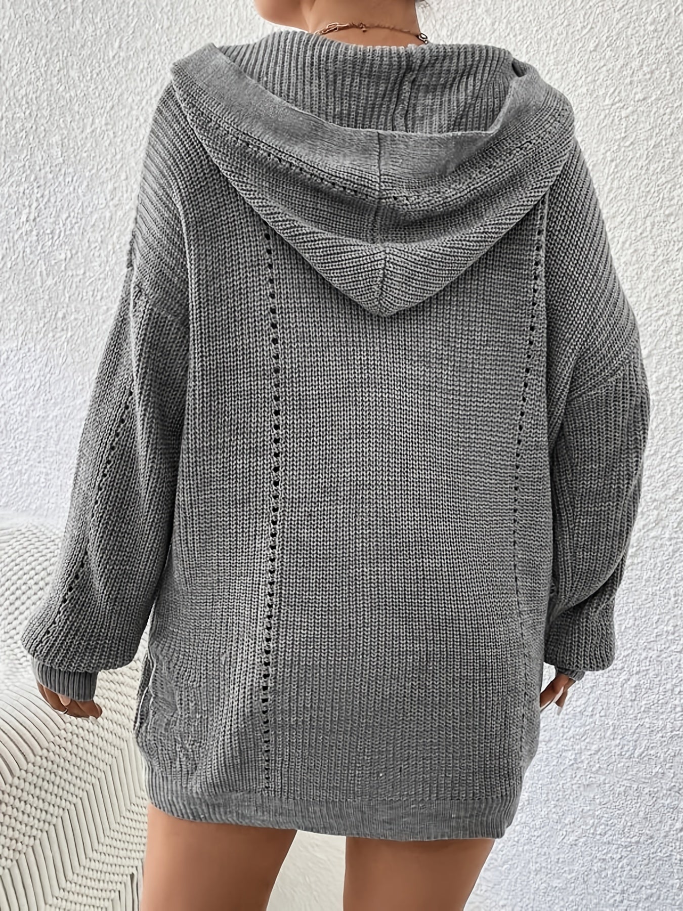Solid Hollow Out Hoodie Cardigan