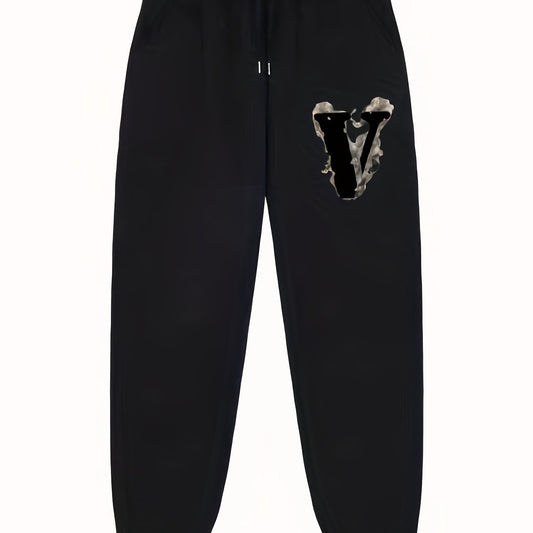V Pattern Print Men's Pants Drawstring Comfy Active Stretch Trousers
