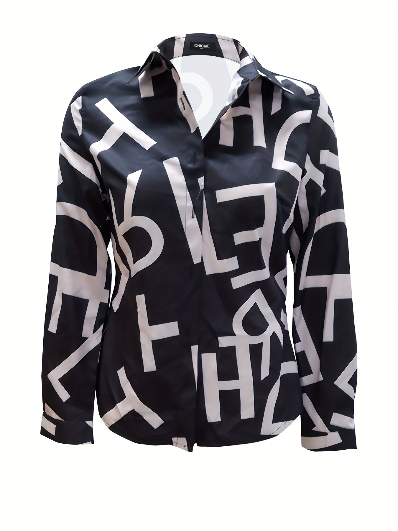 Casual Blouse Women's Plus Letter Print Button Up Long Sleeve