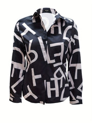 Casual Blouse Women's Plus Letter Print Button Up Long Sleeve