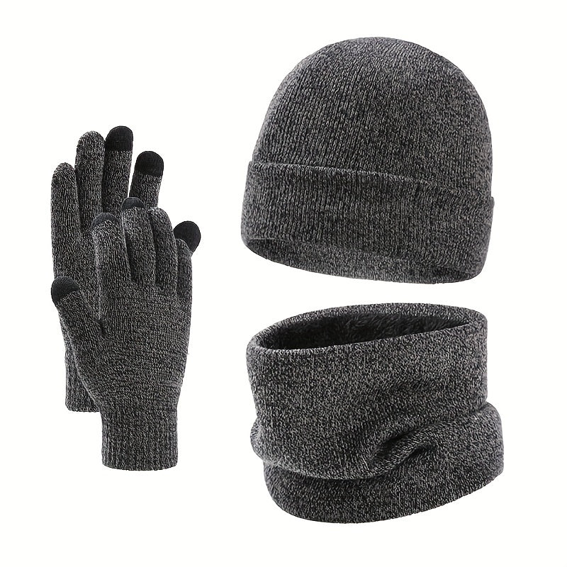 Men's Winter Hat Scarf Gloves Set Velvet Lining
