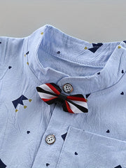 Boys Gentleman Crown Print Shirt&Shorts Set, Summer Kids Clothing