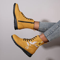 Floral Print Ankle Boots Flat Lace Zipper Combat Solid Shoes