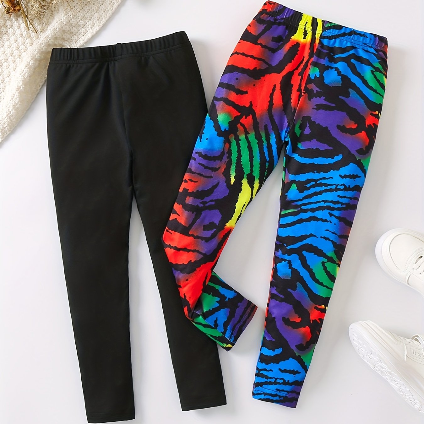 Girls Two Pack Leggings Camouflage Leopard Plaid Elastic Slim Pants