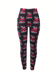 Casual Leggings Women's Plus Letter & Kiss Print Medium Stretch